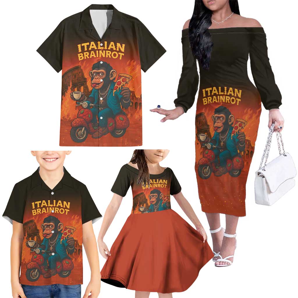 Italian Brainrot Meme Family Matching Off The Shoulder Long Sleeve Dress and Hawaiian Shirt Chaotic Chimp Mobster Vespa Ride - Wonder Print Shop