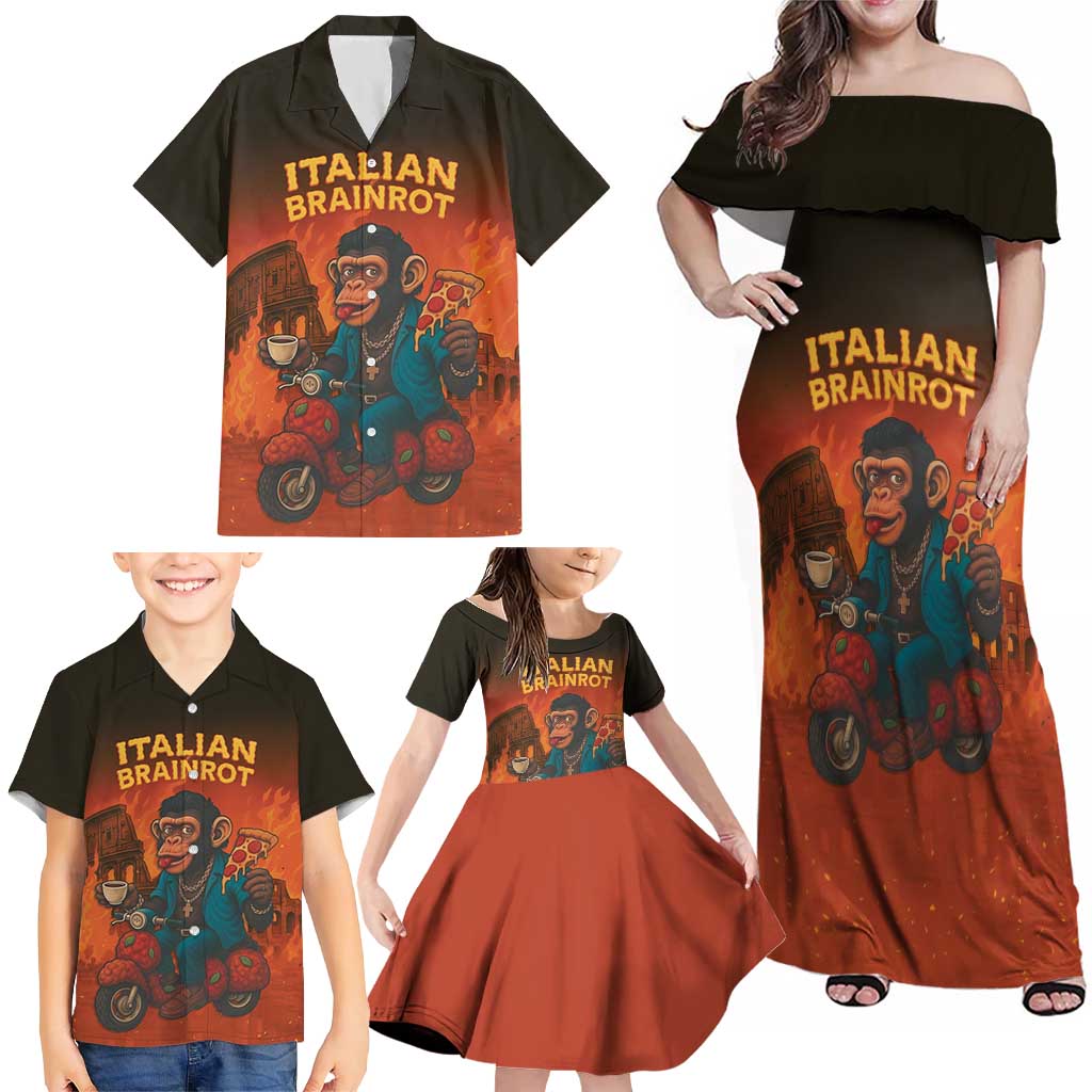 Italian Brainrot Meme Family Matching Off Shoulder Maxi Dress and Hawaiian Shirt Chaotic Chimp Mobster Vespa Ride - Wonder Print Shop