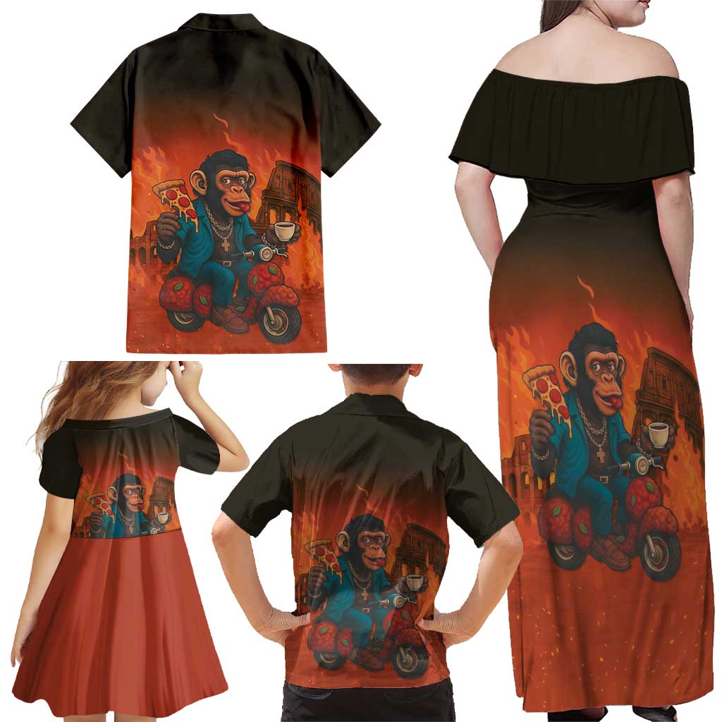 Italian Brainrot Meme Family Matching Off Shoulder Maxi Dress and Hawaiian Shirt Chaotic Chimp Mobster Vespa Ride - Wonder Print Shop