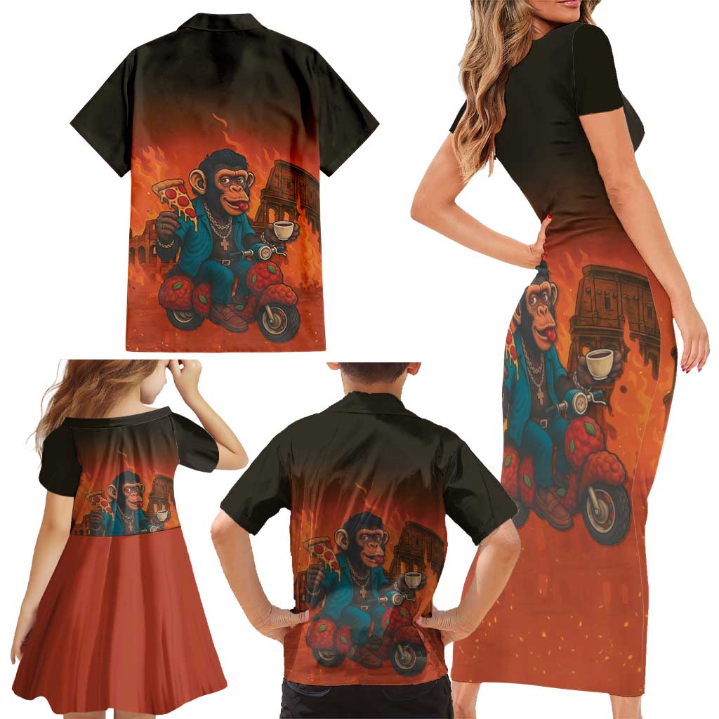 Italian Brainrot Meme Family Matching Short Sleeve Bodycon Dress and Hawaiian Shirt Chaotic Chimp Mobster Vespa Ride - Wonder Print Shop