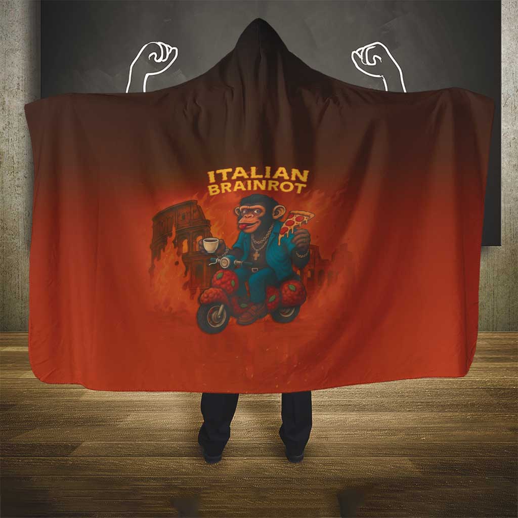 Italian Brainrot Meme Hooded Blanket Chaotic Chimp Mobster Vespa Ride - Wonder Print Shop