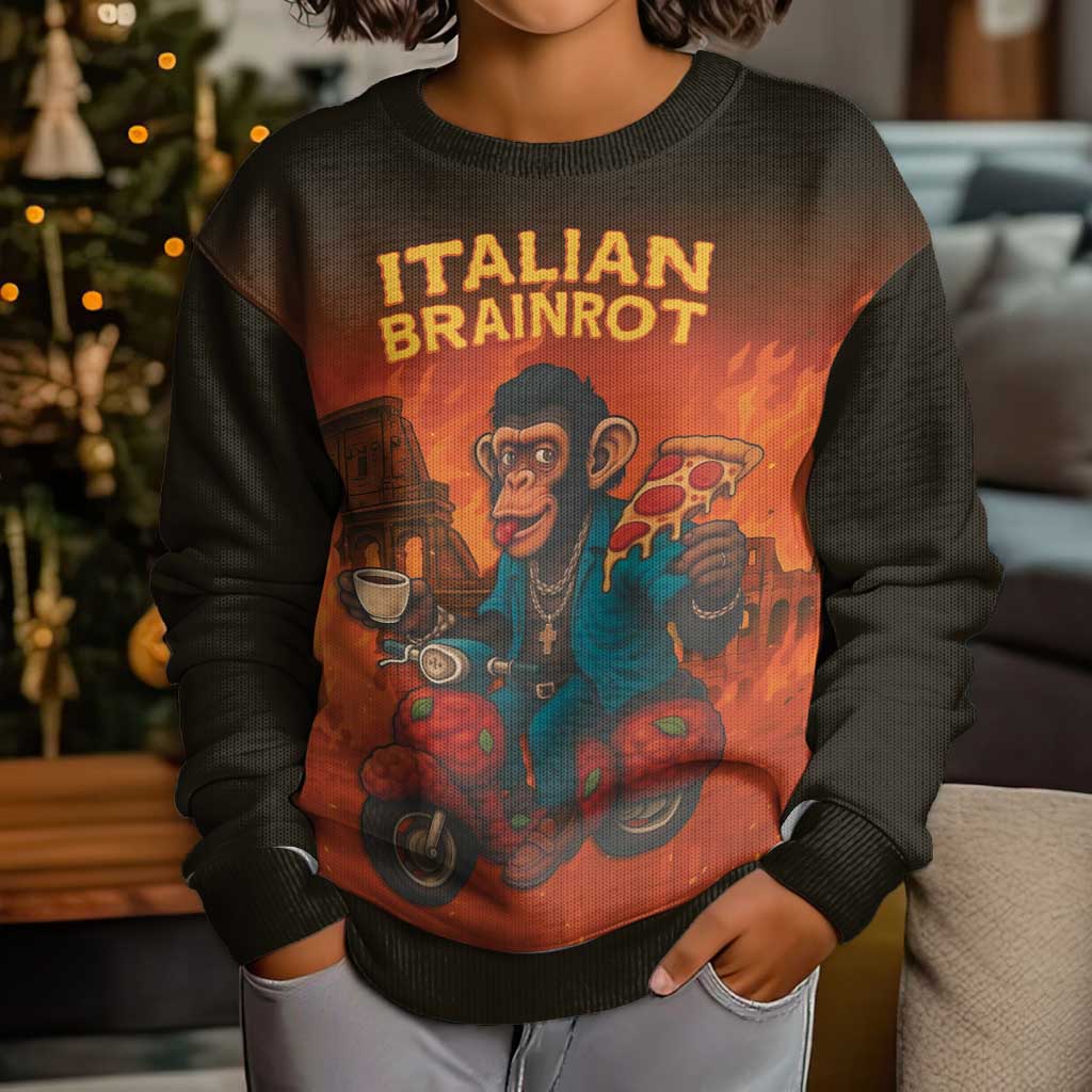 Italian Brainrot Meme Kid Ugly Christmas Sweater Chaotic Chimp Mobster Vespa Ride - Wonder Print Shop