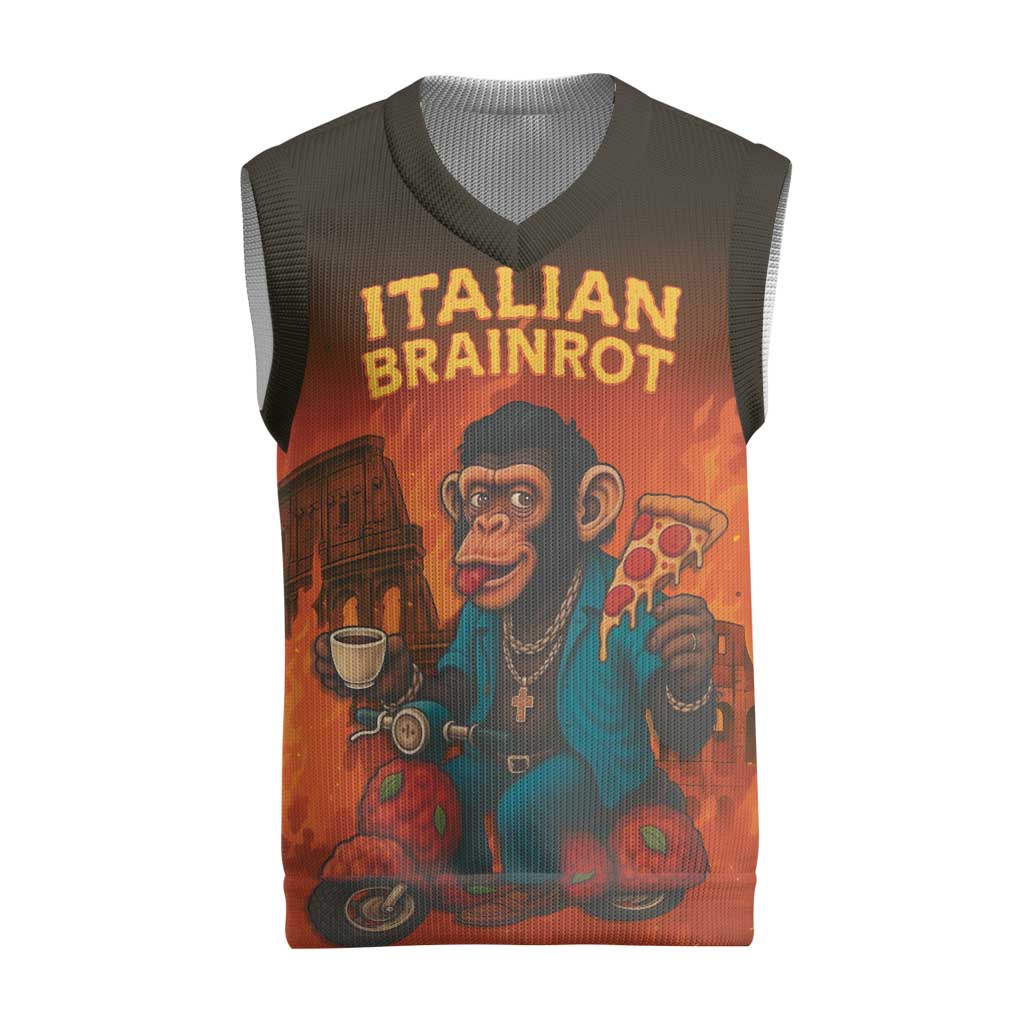 Italian Brainrot Meme Christmas Knitted V-Neck Vest Chaotic Chimp Mobster Vespa Ride - Wonder Print Shop
