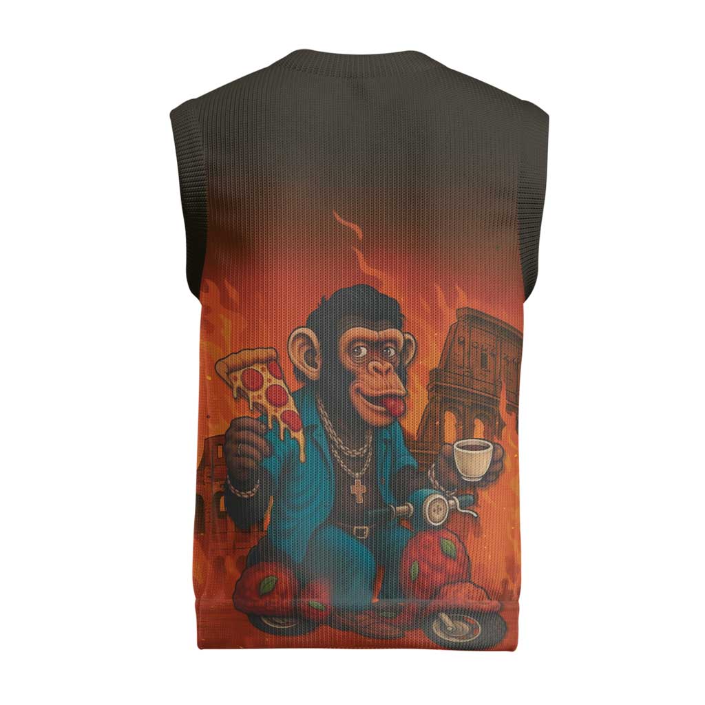 Italian Brainrot Meme Christmas Knitted V-Neck Vest Chaotic Chimp Mobster Vespa Ride - Wonder Print Shop