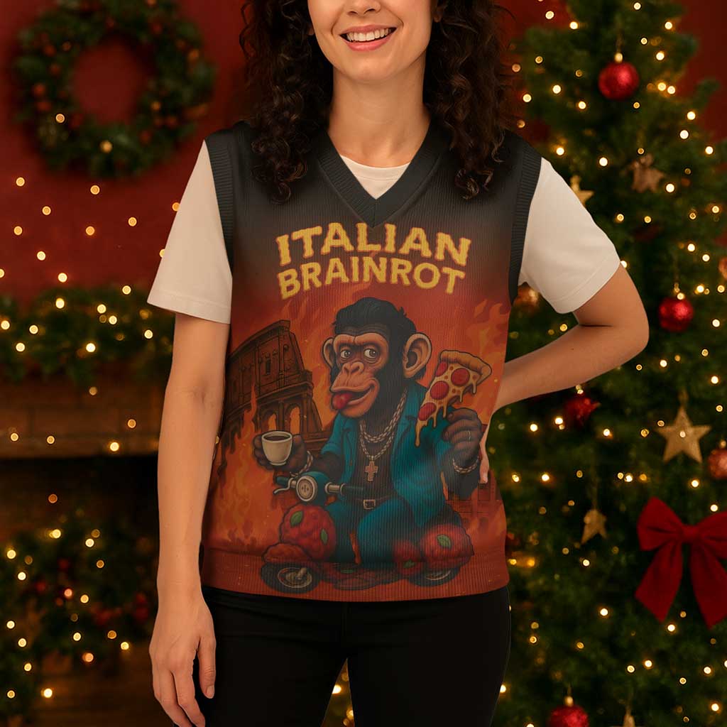 Italian Brainrot Meme Christmas Knitted V-Neck Vest Chaotic Chimp Mobster Vespa Ride - Wonder Print Shop