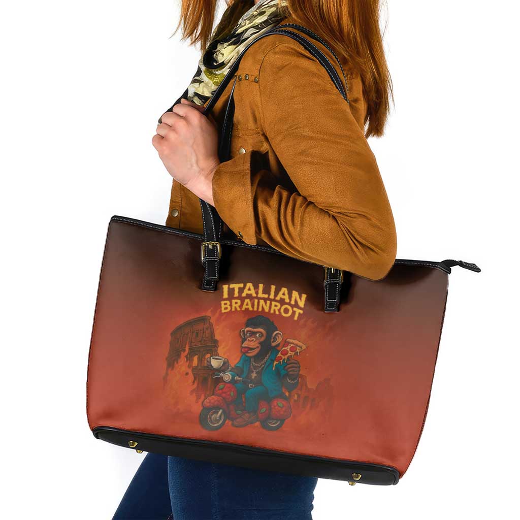 Italian Brainrot Meme Leather Tote Bag Chaotic Chimp Mobster Vespa Ride - Wonder Print Shop