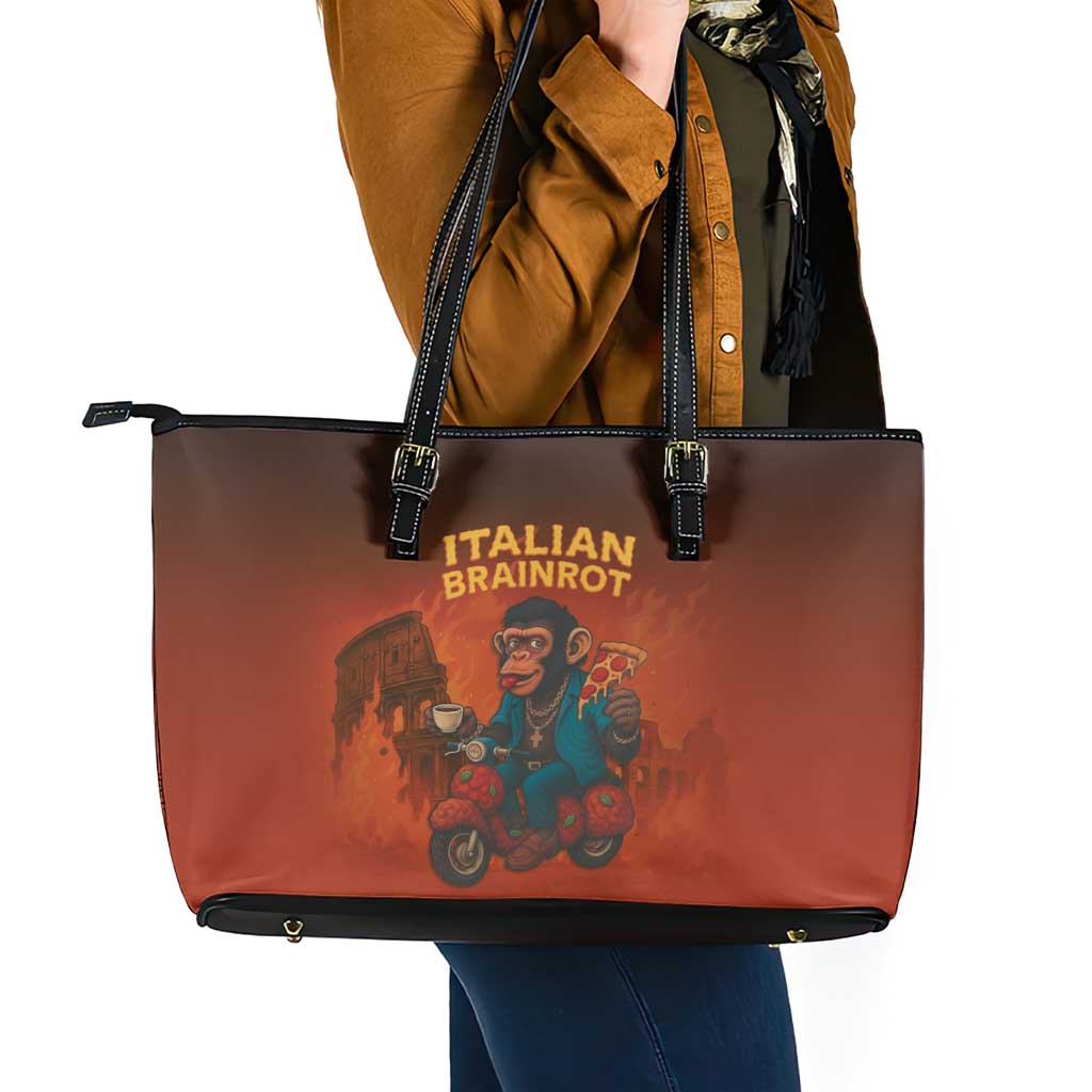 Italian Brainrot Meme Leather Tote Bag Chaotic Chimp Mobster Vespa Ride - Wonder Print Shop
