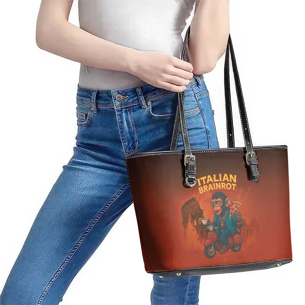 Italian Brainrot Meme Leather Tote Bag Chaotic Chimp Mobster Vespa Ride - Wonder Print Shop