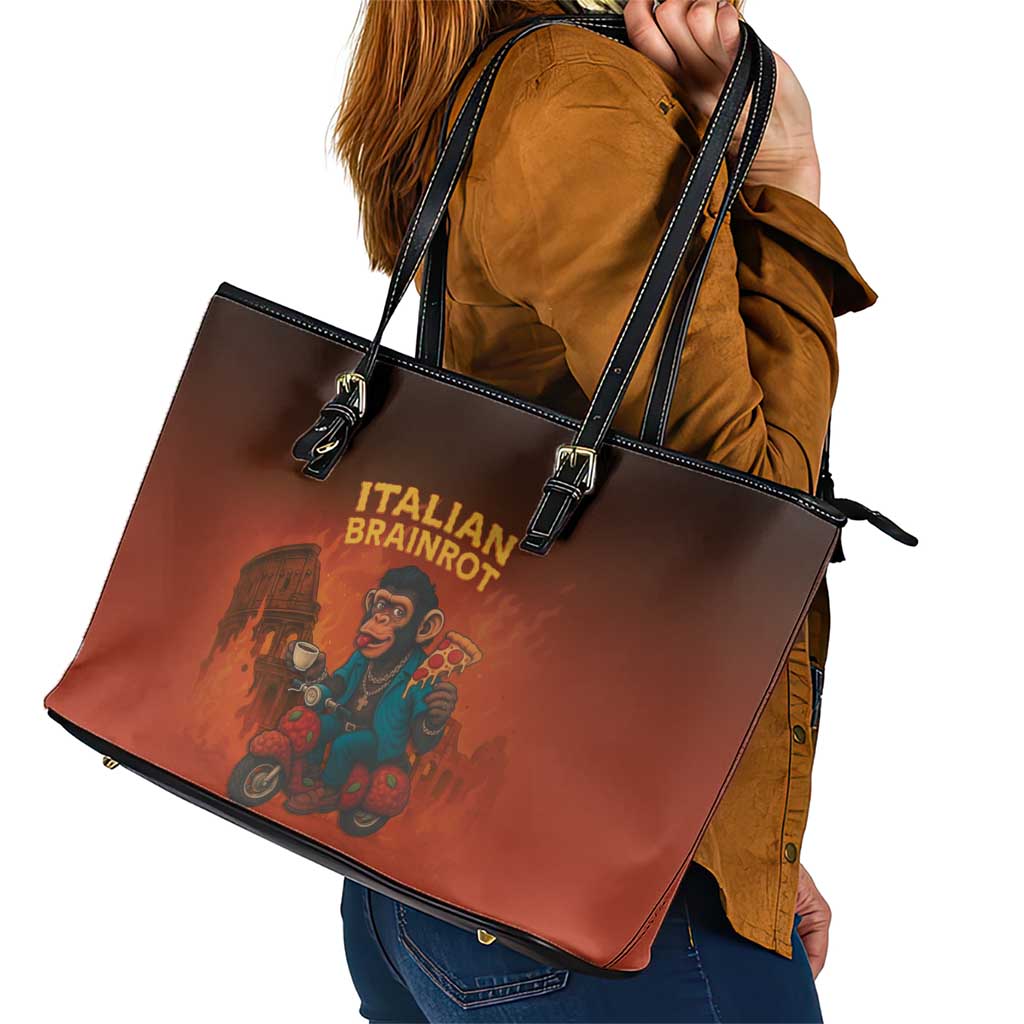 Italian Brainrot Meme Leather Tote Bag Chaotic Chimp Mobster Vespa Ride - Wonder Print Shop