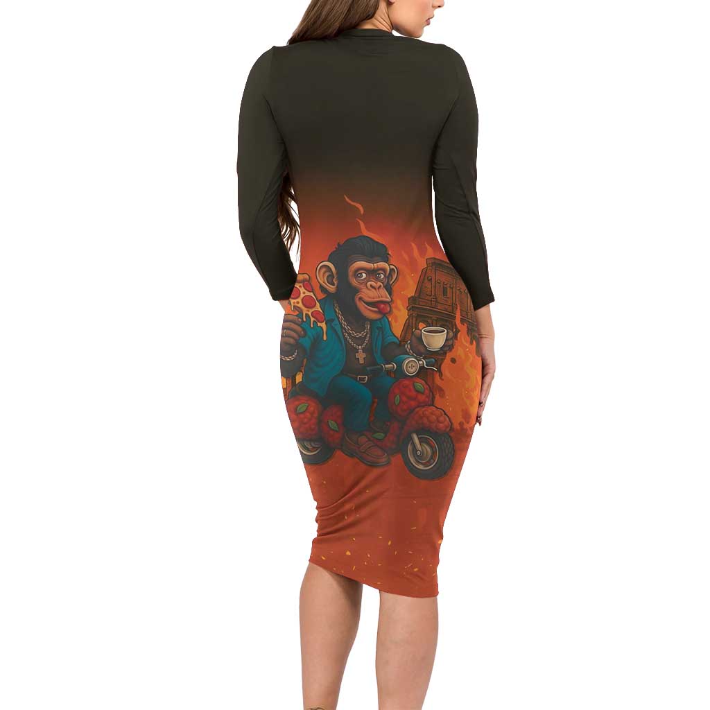 Italian Brainrot Meme Long Sleeve Bodycon Dress Chaotic Chimp Mobster Vespa Ride - Wonder Print Shop