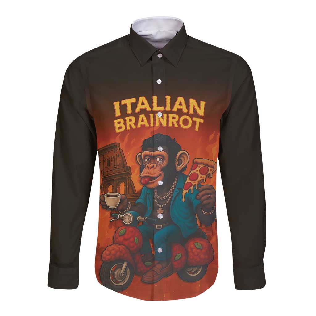 Italian Brainrot Meme Long Sleeve Button Shirt Chaotic Chimp Mobster Vespa Ride - Wonder Print Shop