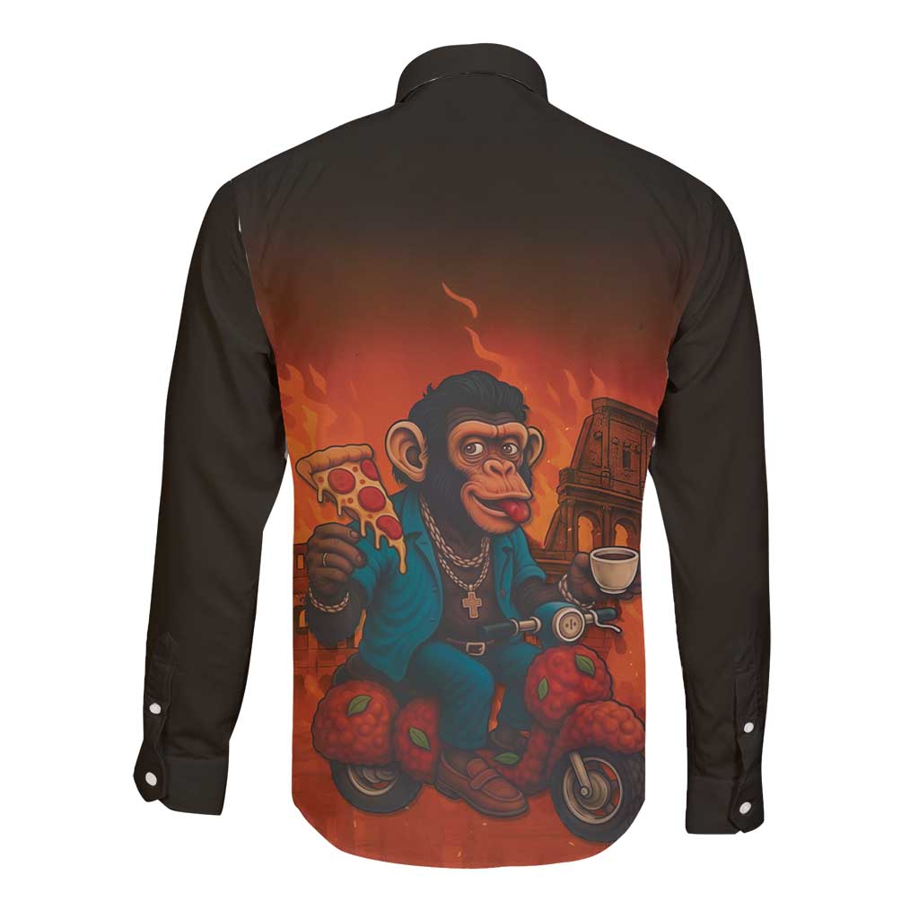 Italian Brainrot Meme Long Sleeve Button Shirt Chaotic Chimp Mobster Vespa Ride - Wonder Print Shop