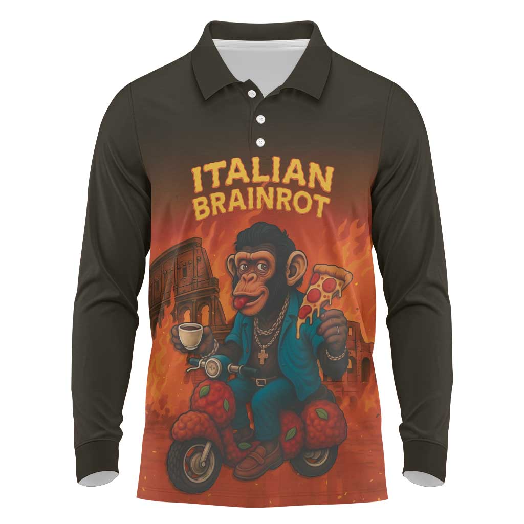 Italian Brainrot Meme Long Sleeve Polo Shirt Chaotic Chimp Mobster Vespa Ride - Wonder Print Shop