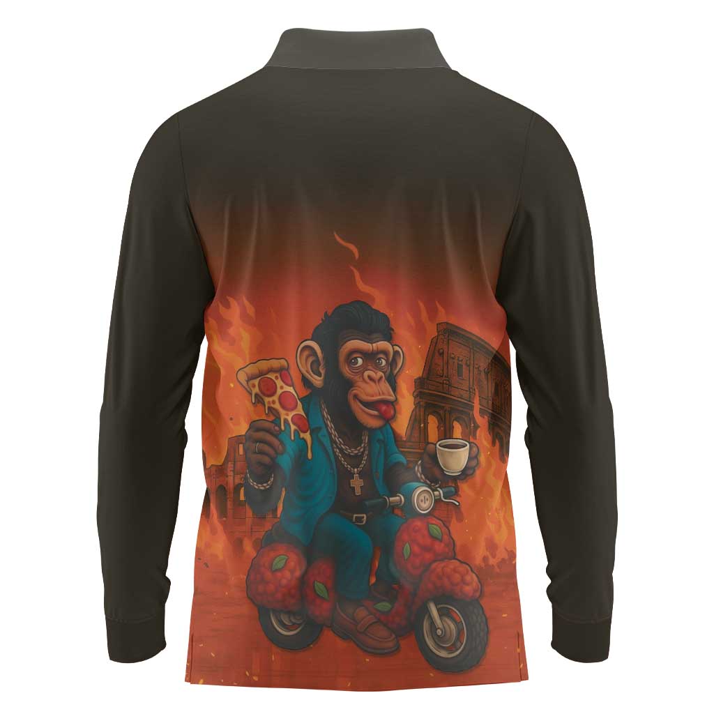 Italian Brainrot Meme Long Sleeve Polo Shirt Chaotic Chimp Mobster Vespa Ride - Wonder Print Shop