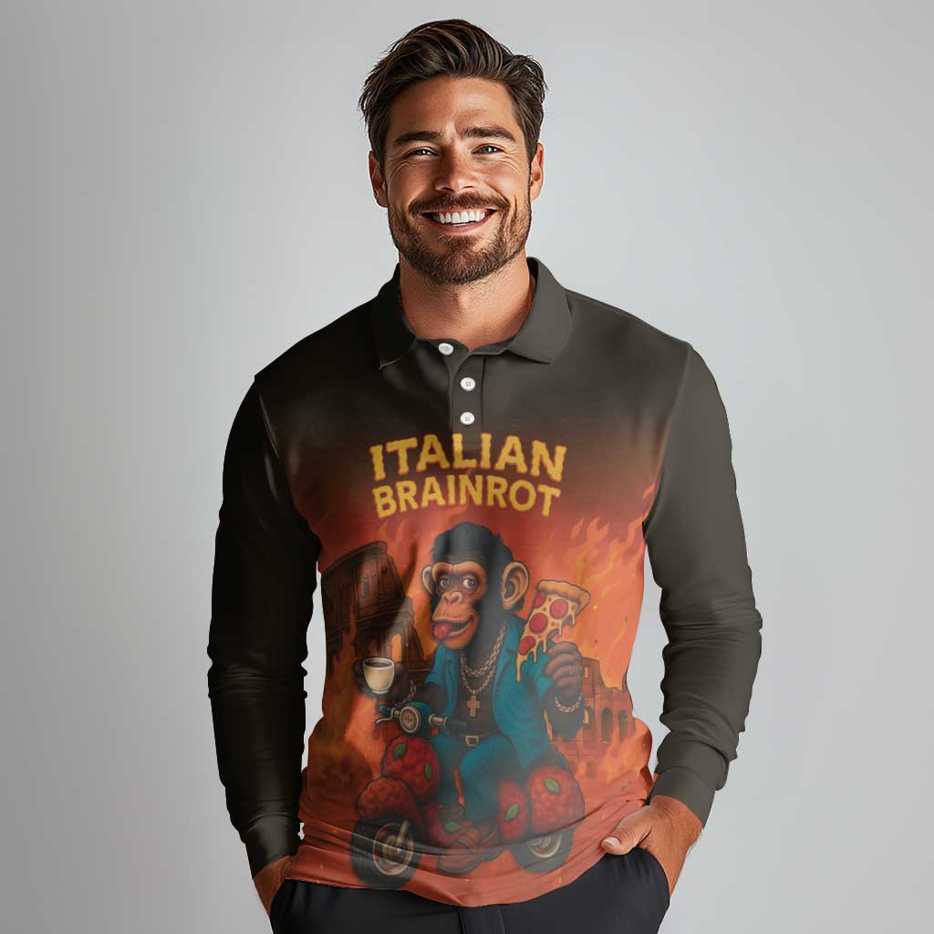 Italian Brainrot Meme Long Sleeve Polo Shirt Chaotic Chimp Mobster Vespa Ride - Wonder Print Shop