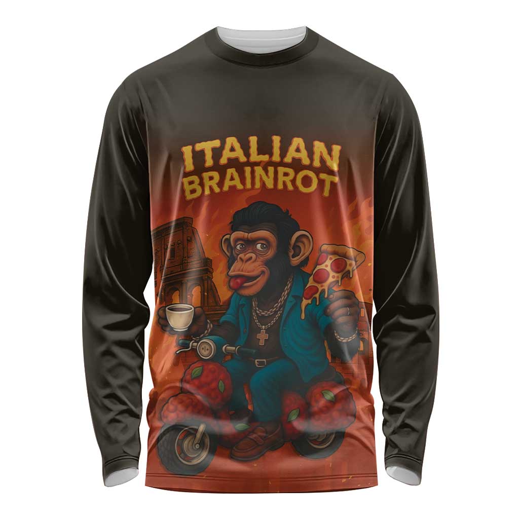 Italian Brainrot Meme Long Sleeve Shirt Chaotic Chimp Mobster Vespa Ride - Wonder Print Shop