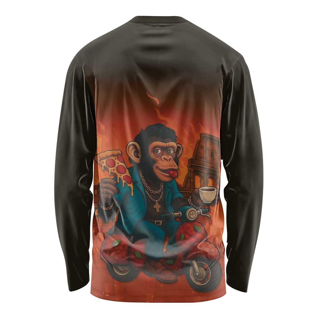 Italian Brainrot Meme Long Sleeve Shirt Chaotic Chimp Mobster Vespa Ride - Wonder Print Shop