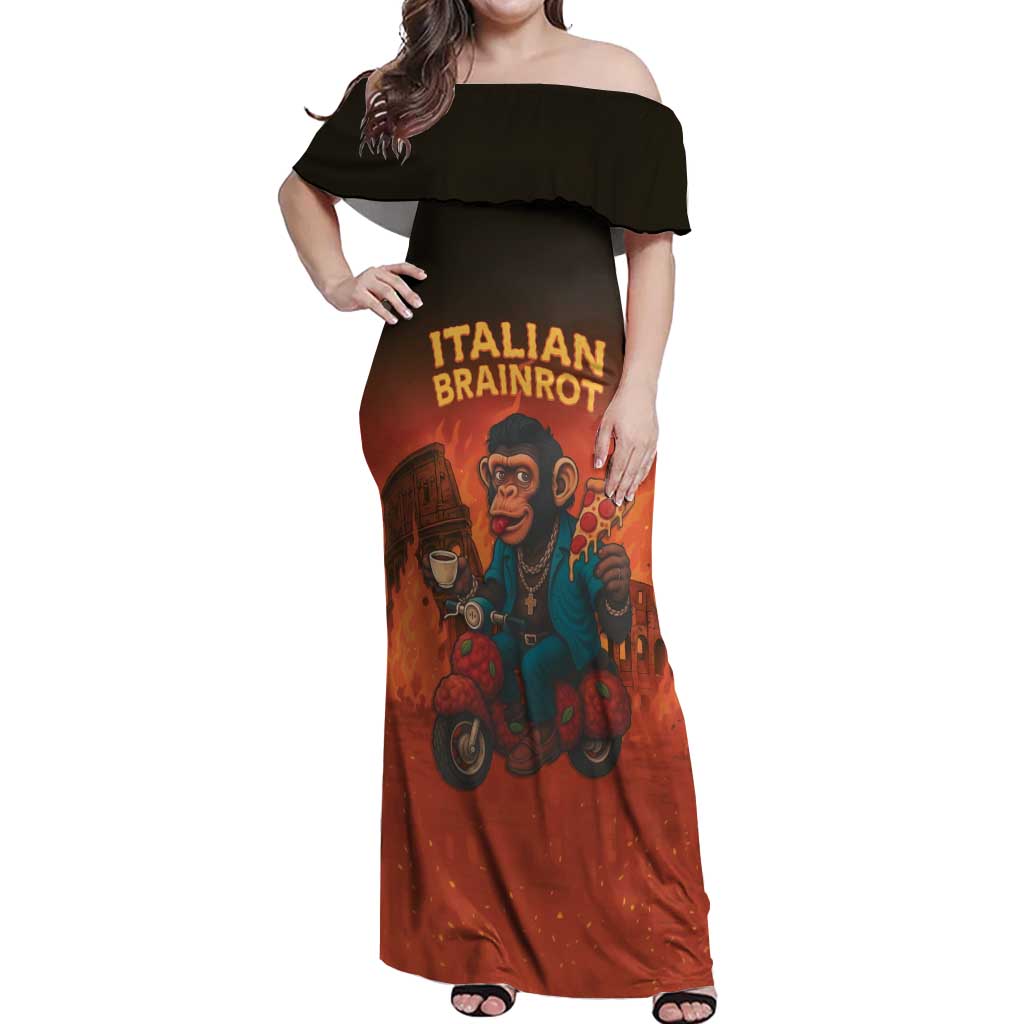 Italian Brainrot Meme Off Shoulder Maxi Dress Chaotic Chimp Mobster Vespa Ride - Wonder Print Shop