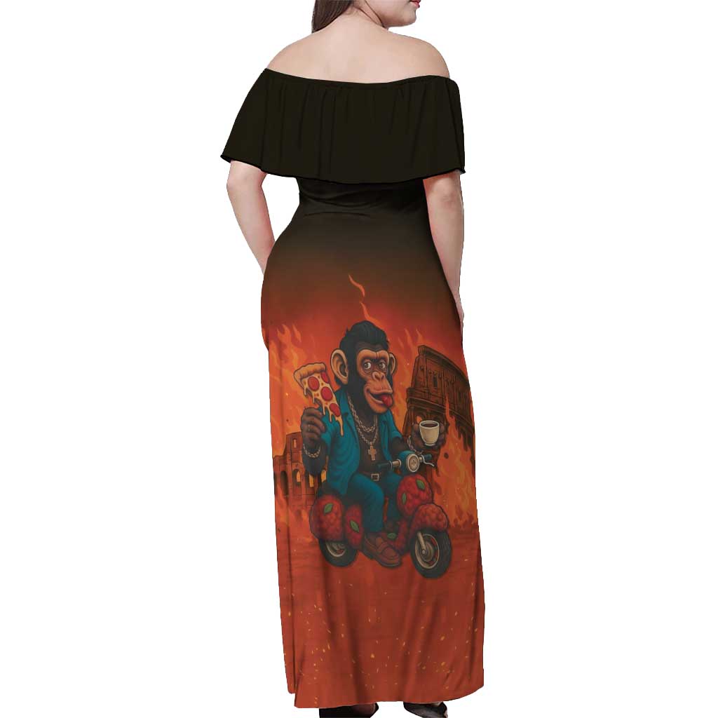 Italian Brainrot Meme Off Shoulder Maxi Dress Chaotic Chimp Mobster Vespa Ride - Wonder Print Shop