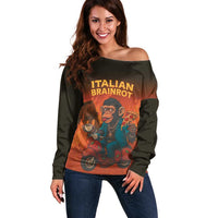 Italian Brainrot Meme Off Shoulder Sweater Chaotic Chimp Mobster Vespa Ride - Wonder Print Shop