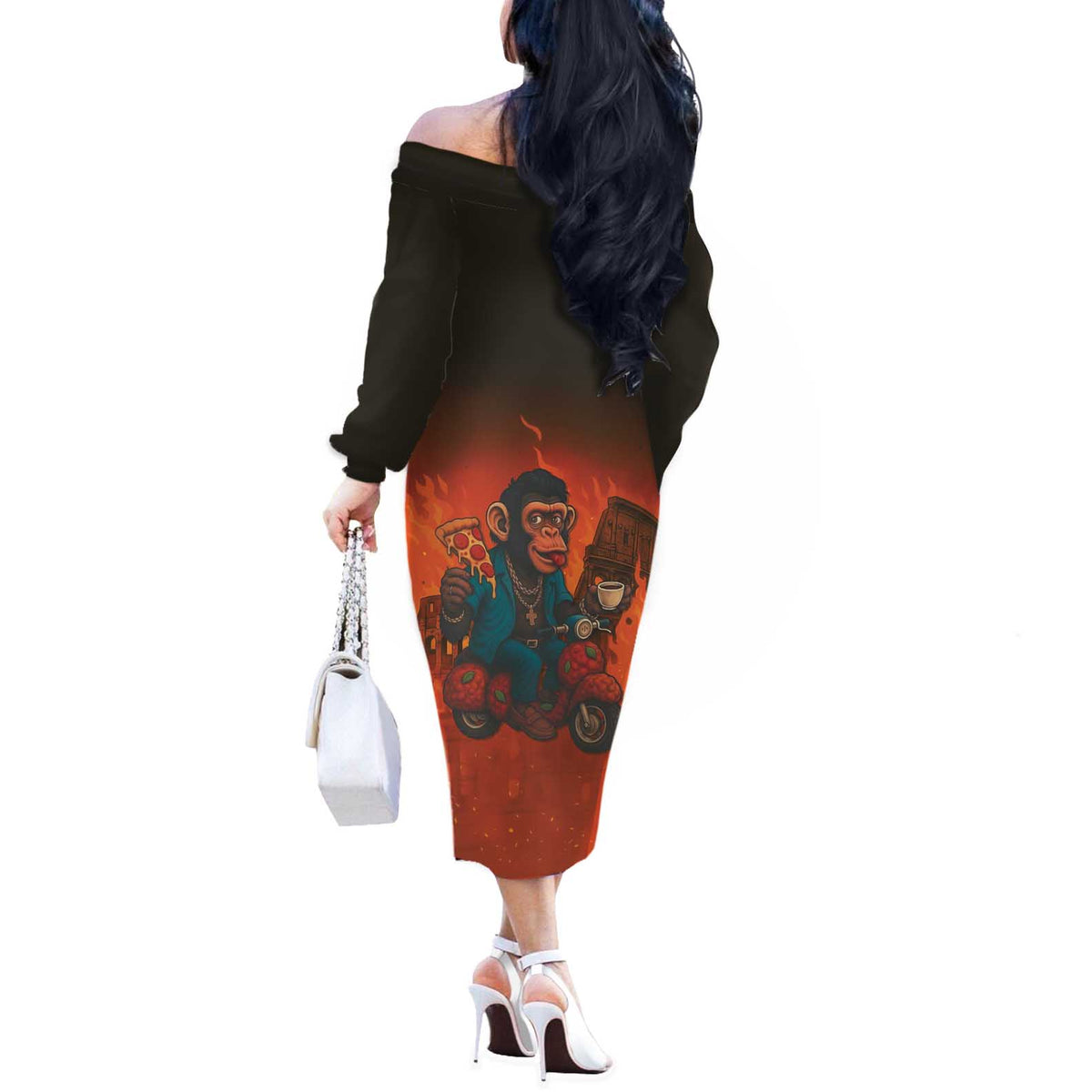 Italian Brainrot Meme Off The Shoulder Long Sleeve Dress Chaotic Chimp Mobster Vespa Ride - Wonder Print Shop