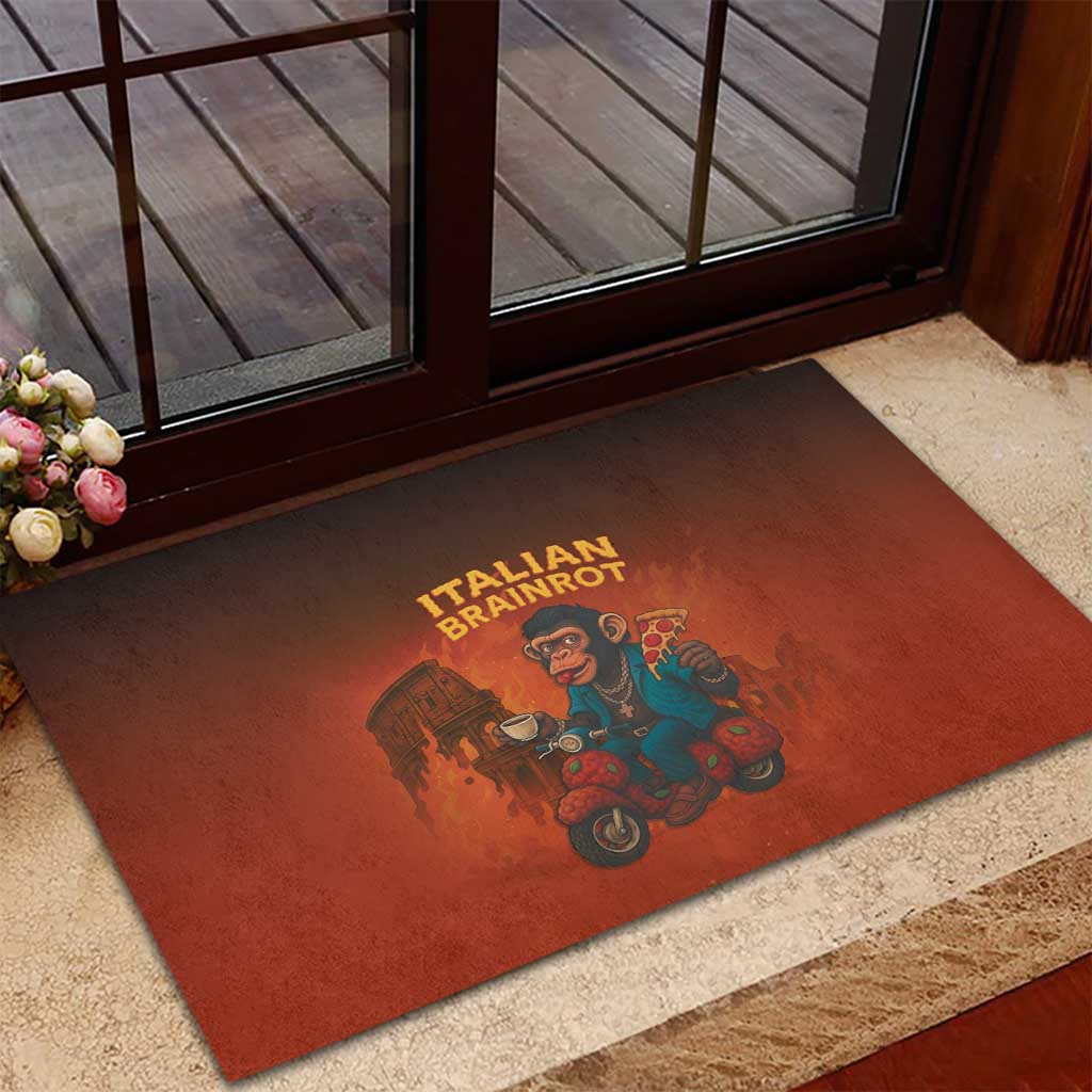 Italian Brainrot Meme Rubber Doormat Chaotic Chimp Mobster Vespa Ride - Wonder Print Shop