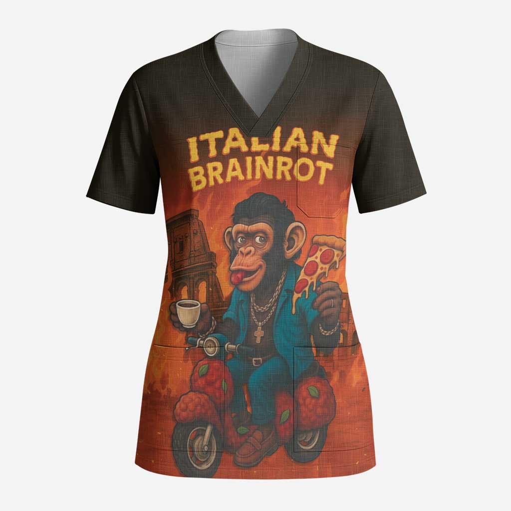 Italian Brainrot Meme Scrub Top Chaotic Chimp Mobster Vespa Ride - Wonder Print Shop