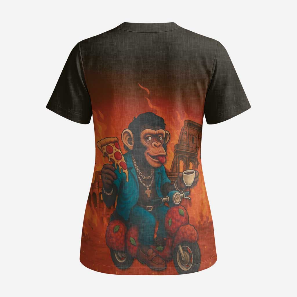 Italian Brainrot Meme Scrub Top Chaotic Chimp Mobster Vespa Ride - Wonder Print Shop
