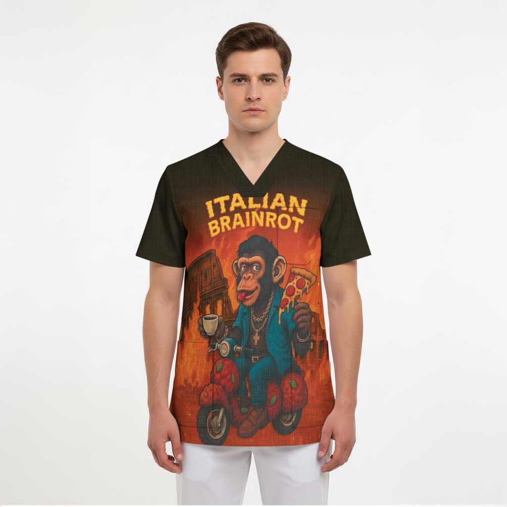 Italian Brainrot Meme Scrub Top Chaotic Chimp Mobster Vespa Ride - Wonder Print Shop