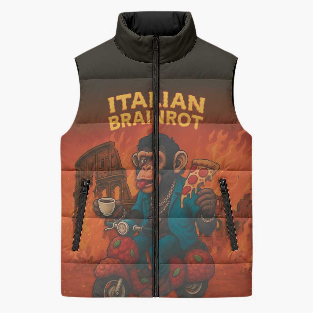Italian Brainrot Meme Sleeveless Puffer Jacket Chaotic Chimp Mobster Vespa Ride - Wonder Print Shop