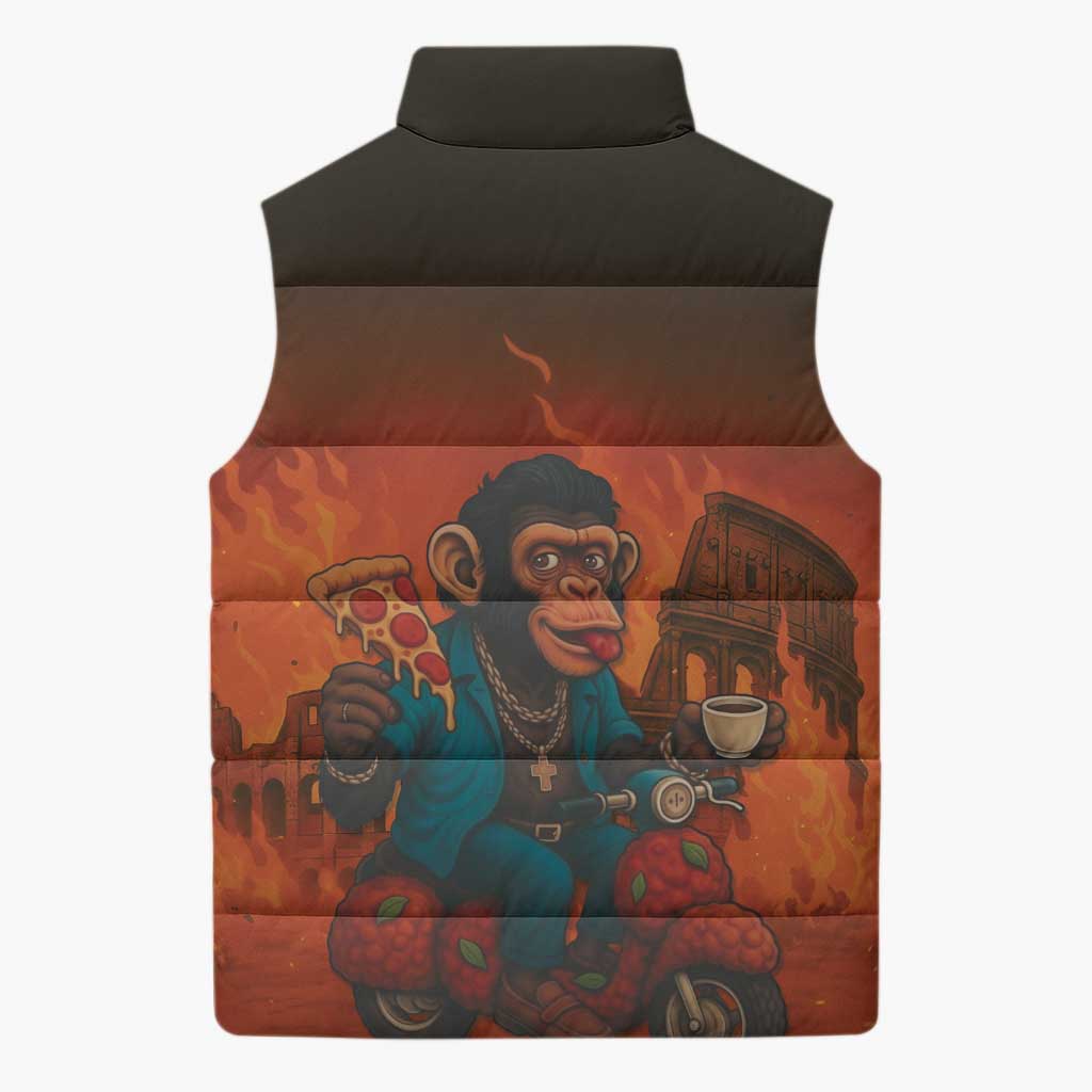 Italian Brainrot Meme Sleeveless Puffer Jacket Chaotic Chimp Mobster Vespa Ride - Wonder Print Shop