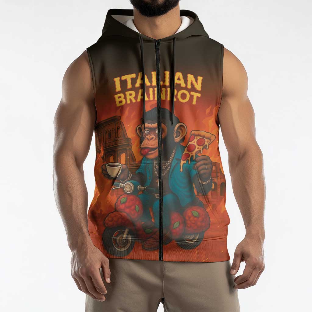 Italian Brainrot Meme Sleeveless Zip Hoodie Chaotic Chimp Mobster Vespa Ride - Wonder Print Shop