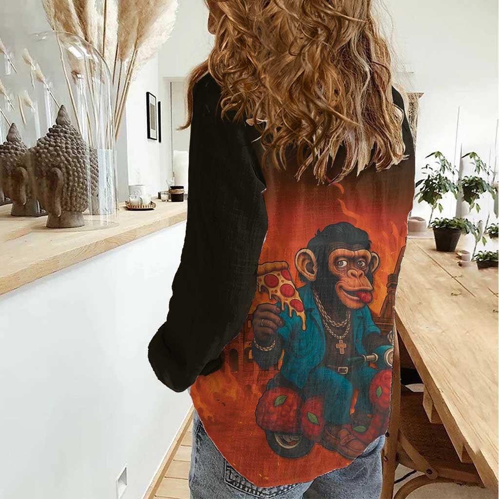 Italian Brainrot Meme Women Casual Shirt Chaotic Chimp Mobster Vespa Ride - Wonder Print Shop