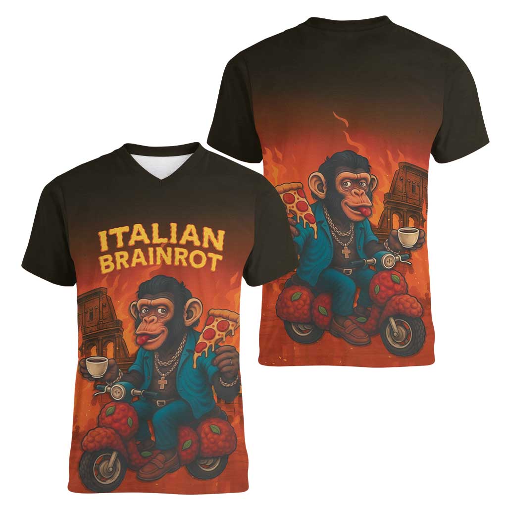 Italian Brainrot Meme Women V-Neck T-Shirt Chaotic Chimp Mobster Vespa Ride - Wonder Print Shop