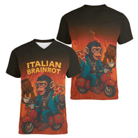 Italian Brainrot Meme Women V-Neck T-Shirt Chaotic Chimp Mobster Vespa Ride - Wonder Print Shop