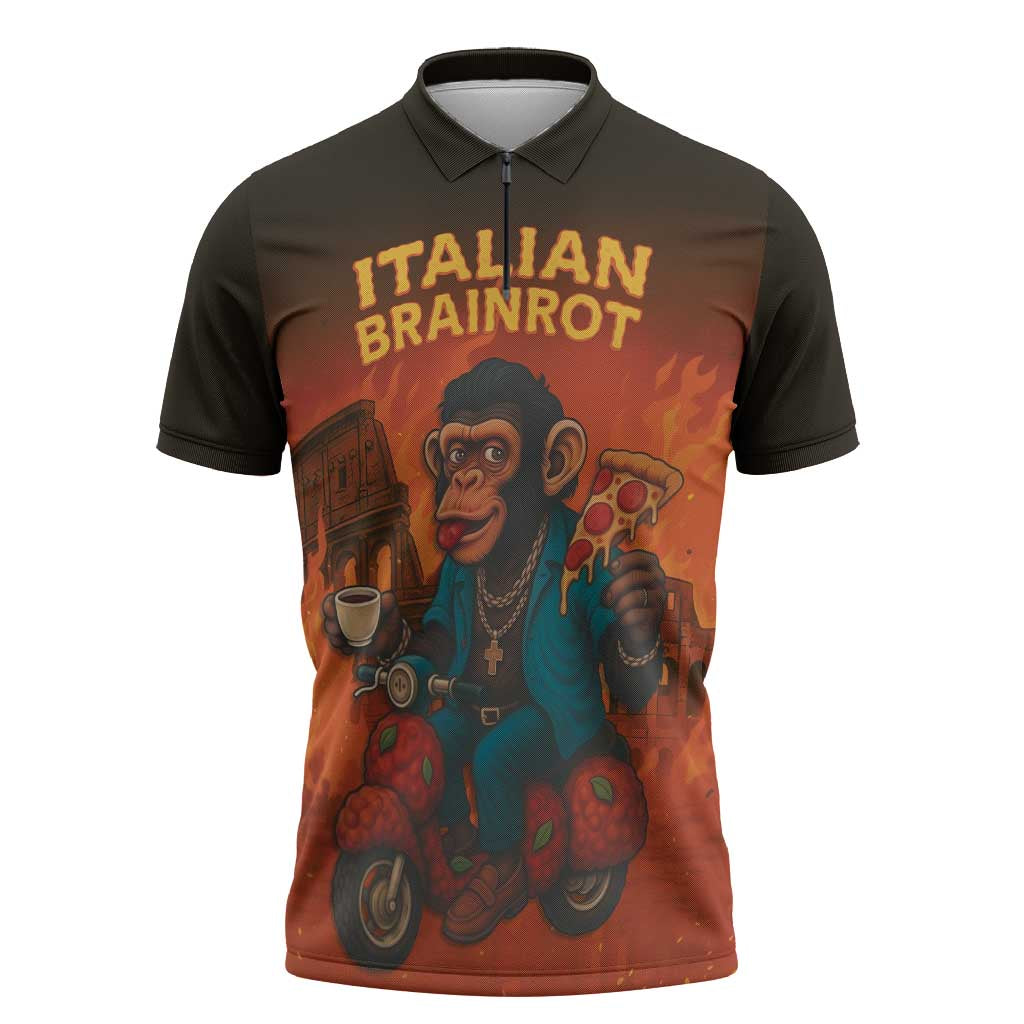 Italian Brainrot Meme Zipper Polo Shirt Chaotic Chimp Mobster Vespa Ride - Wonder Print Shop
