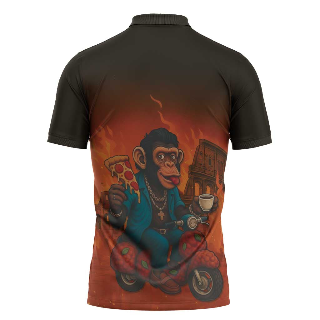Italian Brainrot Meme Zipper Polo Shirt Chaotic Chimp Mobster Vespa Ride - Wonder Print Shop