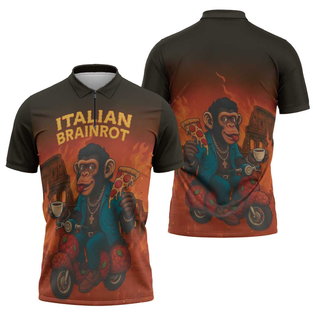 Italian Brainrot Meme Zipper Polo Shirt Chaotic Chimp Mobster Vespa Ride - Wonder Print Shop