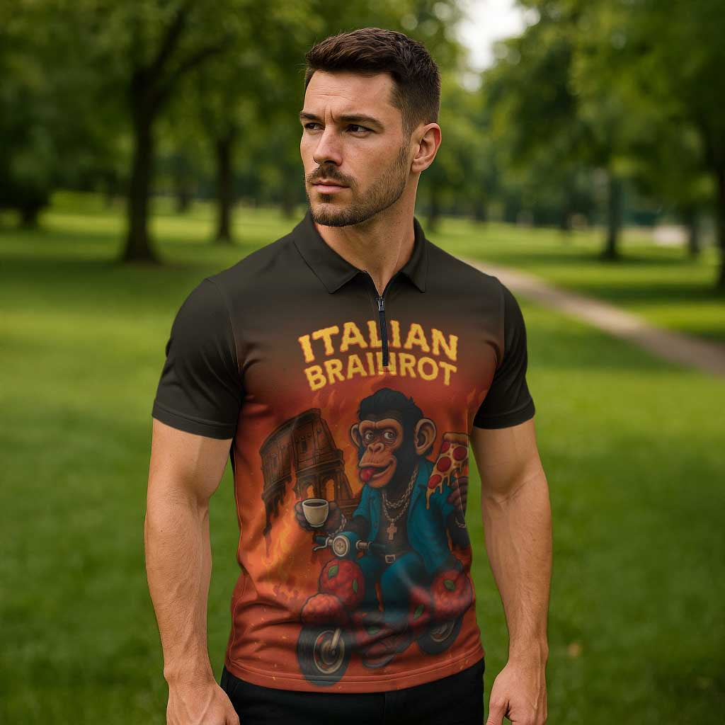 Italian Brainrot Meme Zipper Polo Shirt Chaotic Chimp Mobster Vespa Ride - Wonder Print Shop
