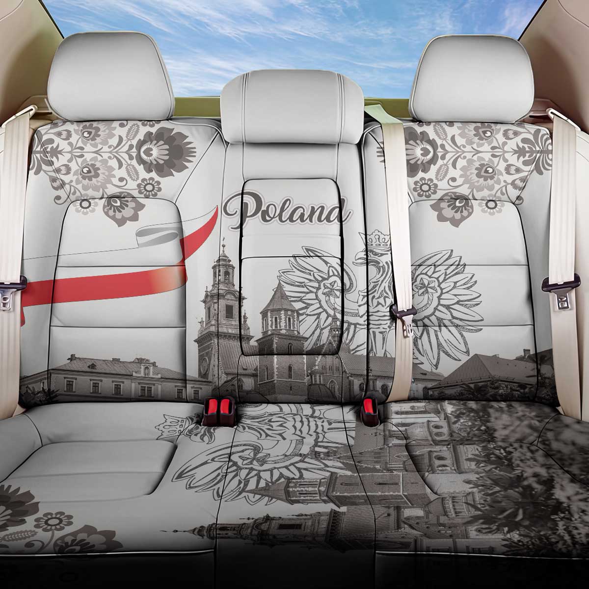 Poland Eagle Heritage Back Car Seat Cover Wawel Castle Polish Wycinanki Folk Pattern - Wonder Print Shop