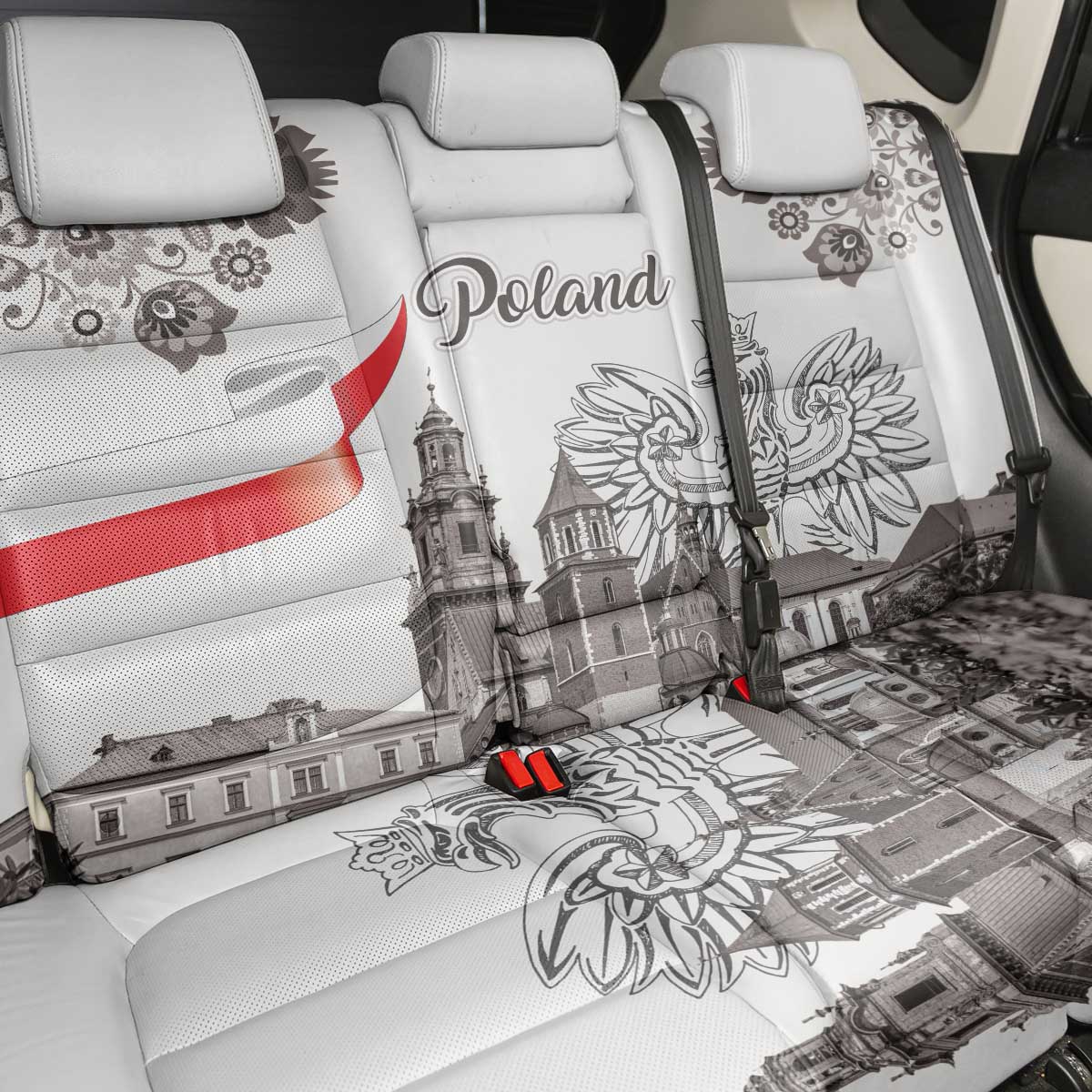 Poland Eagle Heritage Back Car Seat Cover Wawel Castle Polish Wycinanki Folk Pattern - Wonder Print Shop