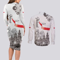 Poland Eagle Heritage Couples Matching Long Sleeve Bodycon Dress and Long Sleeve Button Shirt Wawel Castle Polish Wycinanki Folk Pattern - Wonder Print Shop