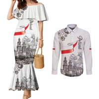 Poland Eagle Heritage Couples Matching Mermaid Dress and Long Sleeve Button Shirt Wawel Castle Polish Wycinanki Folk Pattern - Wonder Print Shop