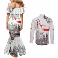 Poland Eagle Heritage Couples Matching Mermaid Dress and Long Sleeve Button Shirt Wawel Castle Polish Wycinanki Folk Pattern - Wonder Print Shop