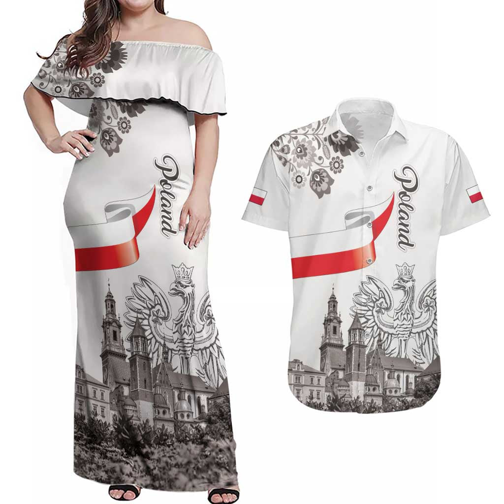 Poland Eagle Heritage Couples Matching Off Shoulder Maxi Dress and Hawaiian Shirt Wawel Castle Polish Wycinanki Folk Pattern - Wonder Print Shop