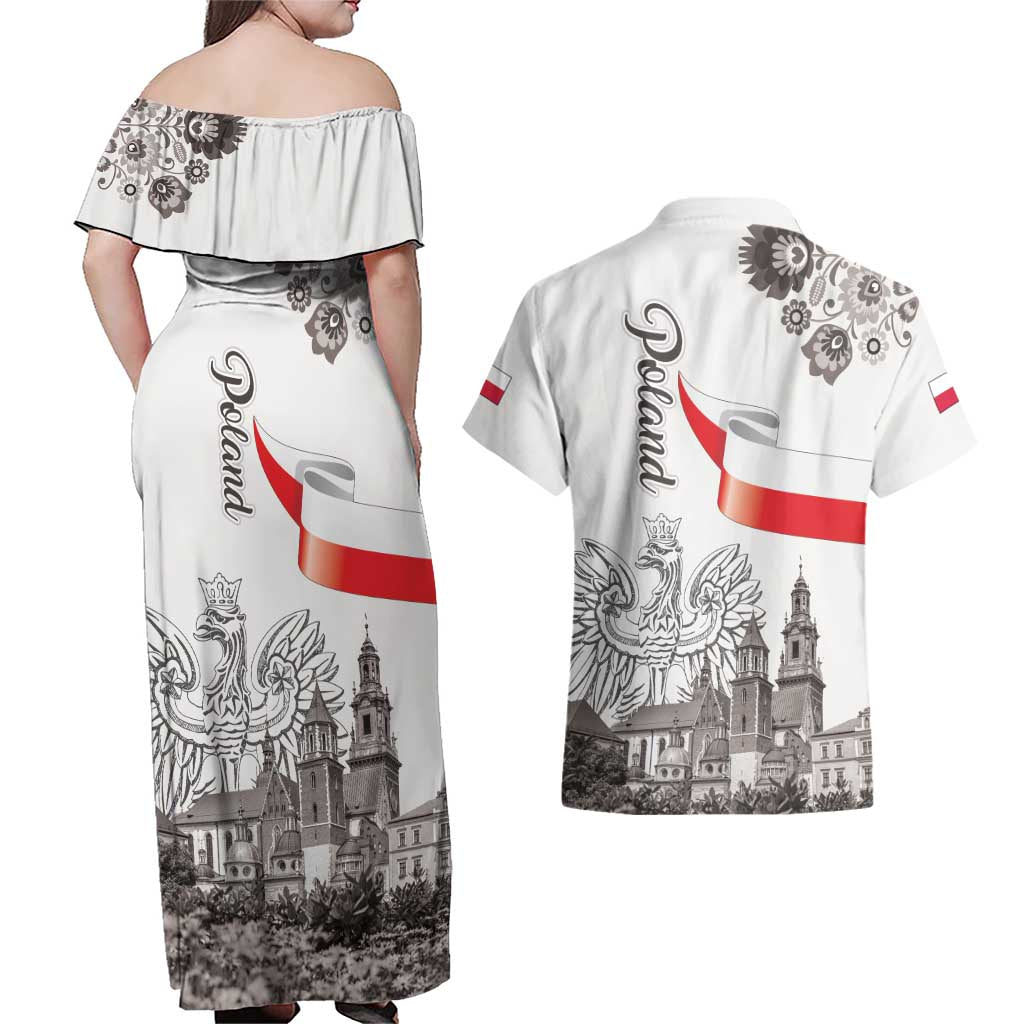 Poland Eagle Heritage Couples Matching Off Shoulder Maxi Dress and Hawaiian Shirt Wawel Castle Polish Wycinanki Folk Pattern - Wonder Print Shop