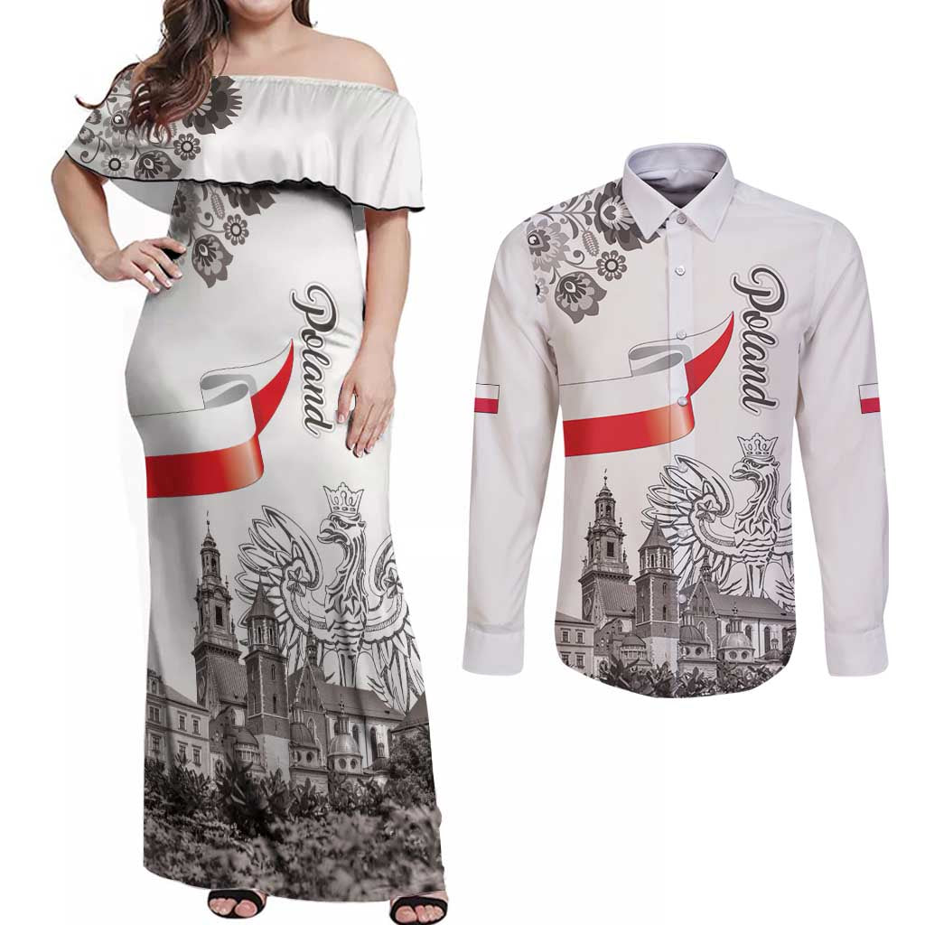 Poland Eagle Heritage Couples Matching Off Shoulder Maxi Dress and Long Sleeve Button Shirt Wawel Castle Polish Wycinanki Folk Pattern - Wonder Print Shop