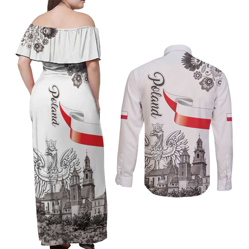 Poland Eagle Heritage Couples Matching Off Shoulder Maxi Dress and Long Sleeve Button Shirt Wawel Castle Polish Wycinanki Folk Pattern - Wonder Print Shop