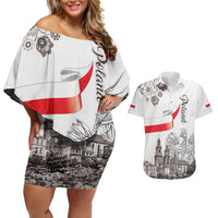 Poland Eagle Heritage Couples Matching Off Shoulder Short Dress and Hawaiian Shirt Wawel Castle Polish Wycinanki Folk Pattern - Wonder Print Shop
