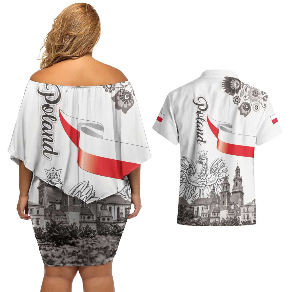 Poland Eagle Heritage Couples Matching Off Shoulder Short Dress and Hawaiian Shirt Wawel Castle Polish Wycinanki Folk Pattern - Wonder Print Shop